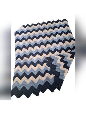 Beachy blues Afghan zig zag knit crochet coastal cottagecore throw blanket 60x50